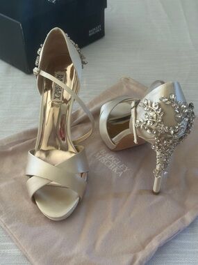 Badgley Mischka Ivory Satin Crystal-Embellished High Heels